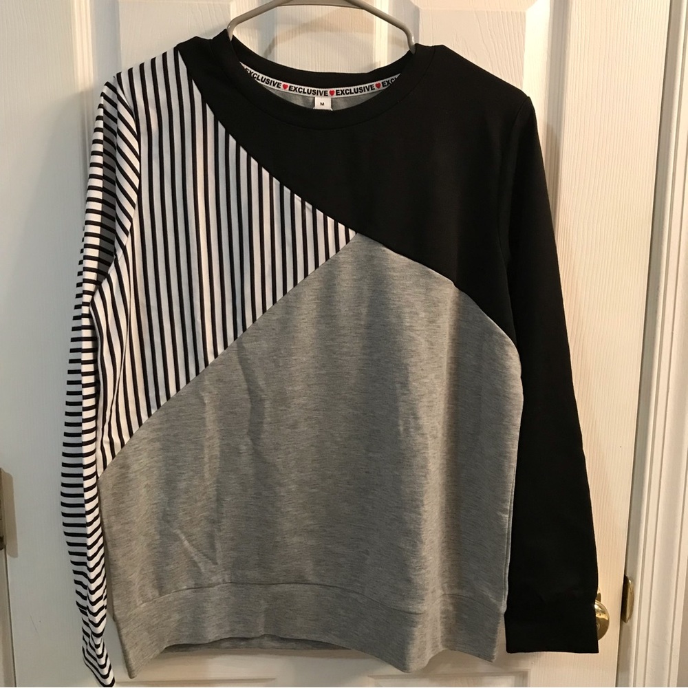 NWT Striped Black and Gray Color Block Top